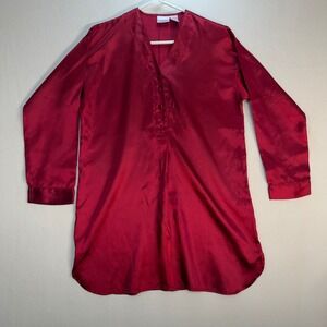 Romantic Moods Red Satin Nightshirt Long Sleeve V-Neck Sleep Shirt Red Sm